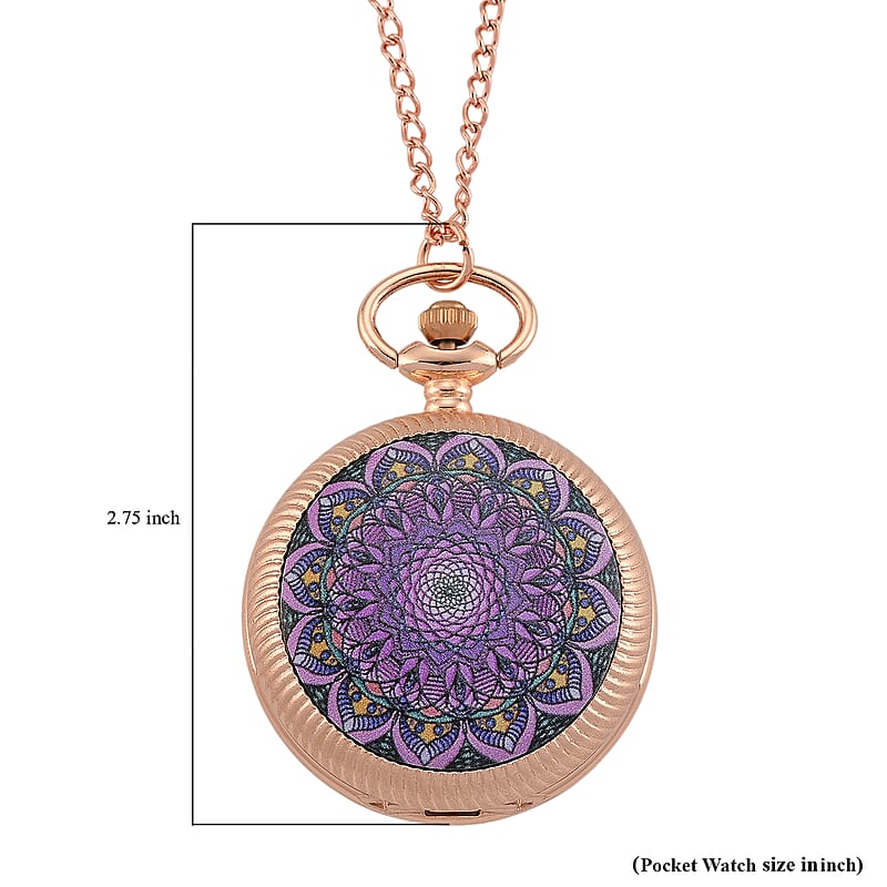 Strada Japanese Movement Pink & Purple Flower Pattern Rotating Pocket Watch with Chain (36 Inches) in Rosetone