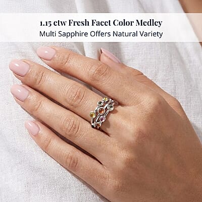 D'Joy Premium Multi Sapphire 1.15 ctw Rainbow Cascade Ring in Rhodium Over Sterling Silver (Size 10.0)