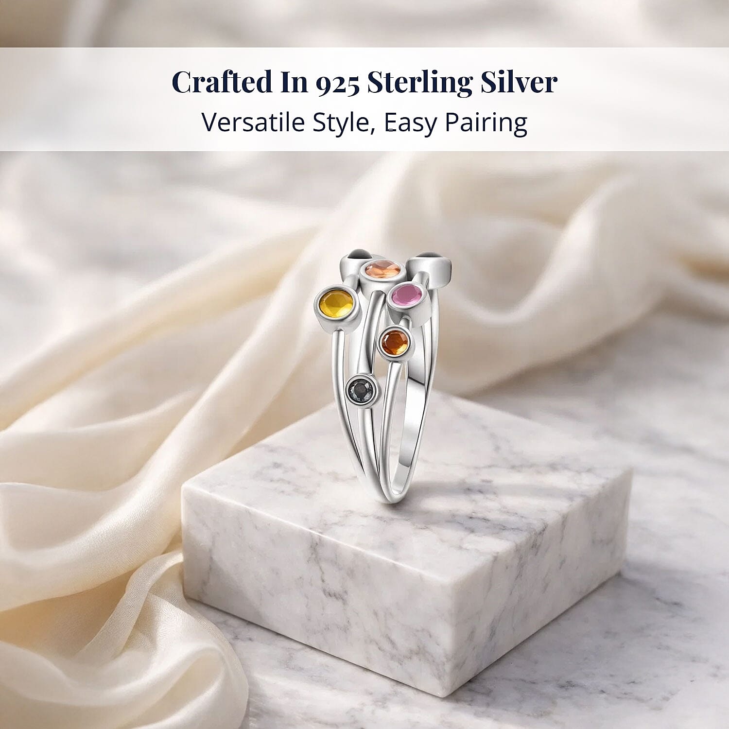 D'Joy Premium Multi Sapphire 1.15 ctw Rainbow Cascade Ring in Rhodium Over Sterling Silver (Size 10.0)