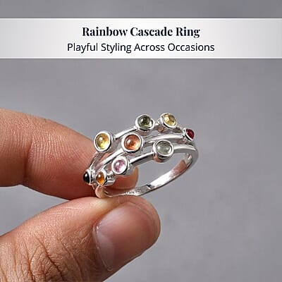 D'Joy Premium Multi Sapphire 1.15 ctw Rainbow Cascade Ring in Rhodium Over Sterling Silver (Size 10.0)