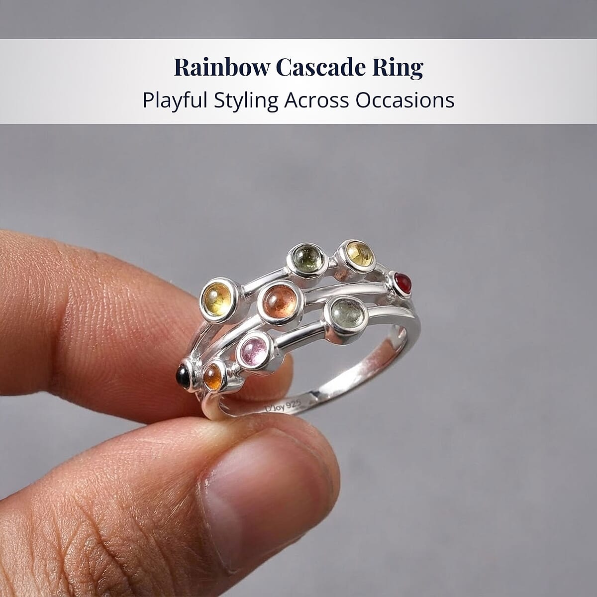 D'Joy Premium Multi Sapphire 1.15 ctw Rainbow Cascade Ring in Rhodium Over Sterling Silver (Size 6.0) image number 4