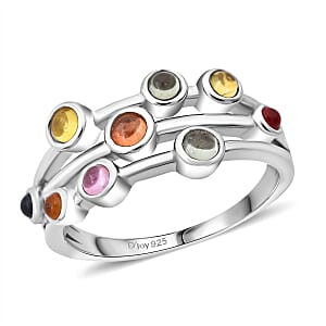 D'Joy Premium Multi Sapphire 1.15 ctw Rainbow Cascade Ring in Rhodium Over Sterling Silver (Size 8.0)