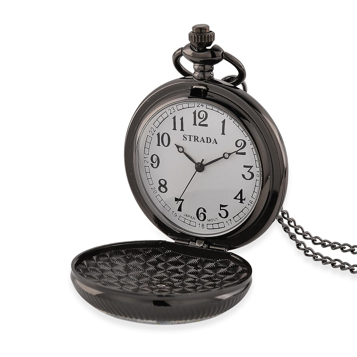 Strada Japanese Movement Orange and Blue Flower Pattern Rotating Pocket Watch with Chain (36 Inches) in Black Silvertone image number 0