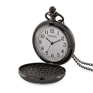 Strada Japanese Movement Orange and Blue Flower Pattern Rotating Pocket Watch with Chain (36 Inches) in Black Silvertone