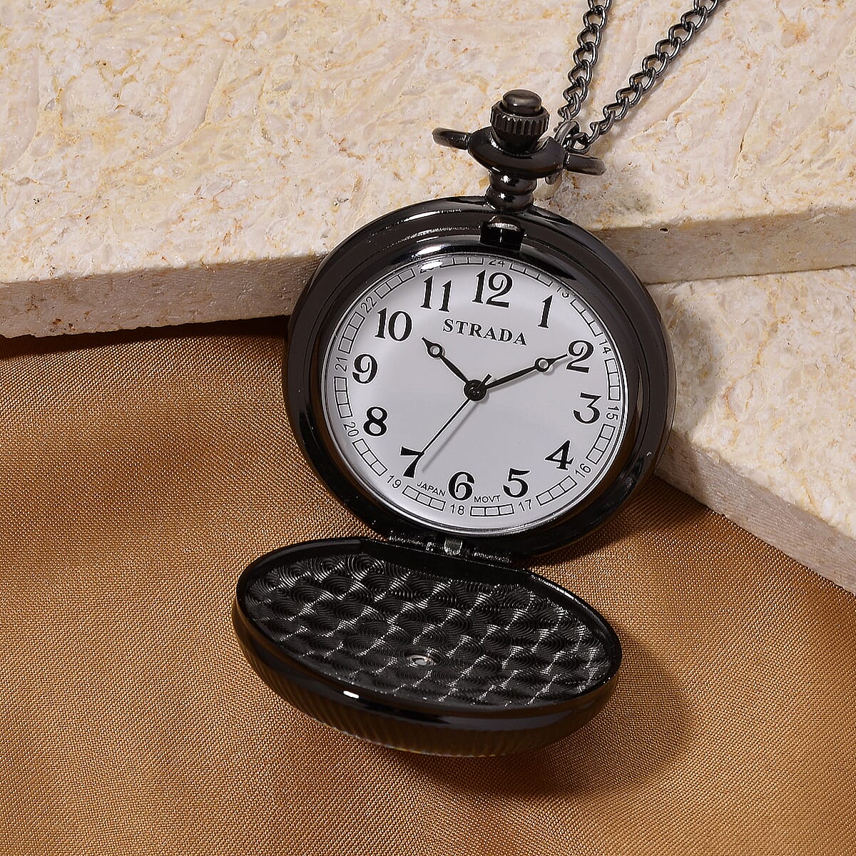 Strada Japanese Movement Orange and Blue Flower Pattern Rotating Pocket Watch with Chain (36 Inches) in Black Silvertone image number 1