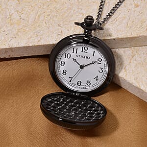 Strada Japanese Movement Orange and Blue Flower Pattern Rotating Pocket Watch with Chain (36 Inches) in Black Silvertone