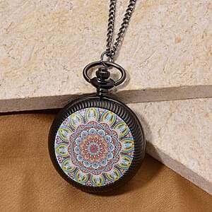 Strada Japanese Movement Orange and Blue Flower Pattern Rotating Pocket Watch with Chain (36 Inches) in Black Silvertone