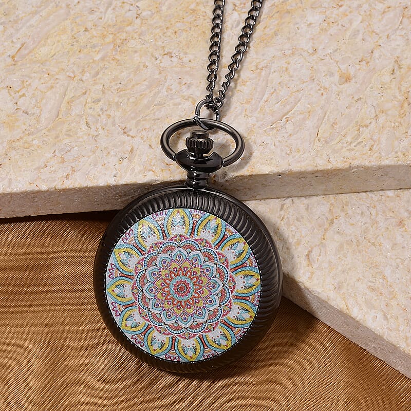 Ankur's Treasure Chest Deal Strada Japanese Movement Orange and Blue Flower Pattern Rotating Pocket Watch with Chain (36 Inches) in Black Silvertone