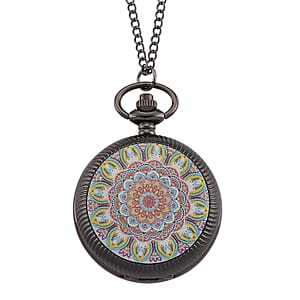Strada Japanese Movement Orange and Blue Flower Pattern Rotating Pocket Watch with Chain (36 Inches) in Black Silvertone