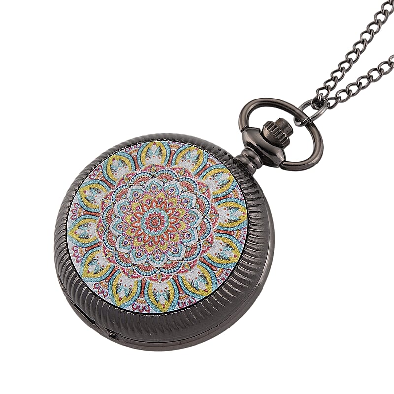 Ankur's Treasure Chest Deal Strada Japanese Movement Orange and Blue Flower Pattern Rotating Pocket Watch with Chain (36 Inches) in Black Silvertone