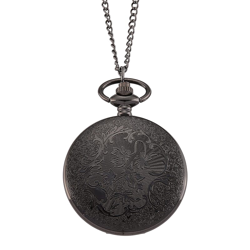 Ankur's Treasure Chest Deal Strada Japanese Movement Orange and Blue Flower Pattern Rotating Pocket Watch with Chain (36 Inches) in Black Silvertone