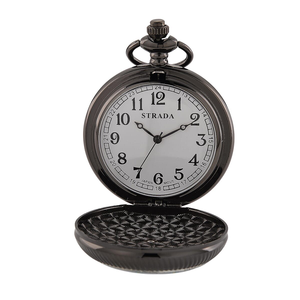 Strada Japanese Movement Orange and Blue Flower Pattern Rotating Pocket Watch with Chain (36 Inches) in Black Silvertone image number 6