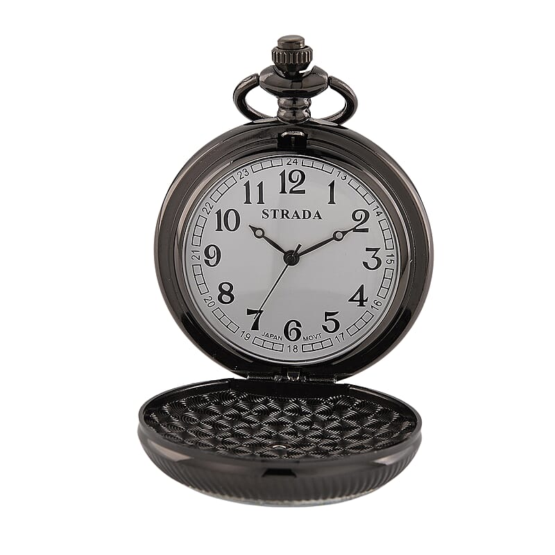 Ankur's Treasure Chest Deal Strada Japanese Movement Orange and Blue Flower Pattern Rotating Pocket Watch with Chain (36 Inches) in Black Silvertone