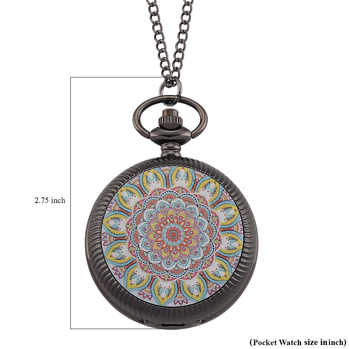 Strada Japanese Movement Orange and Blue Flower Pattern Rotating Pocket Watch with Chain (36 Inches) in Black Silvertone image number 8