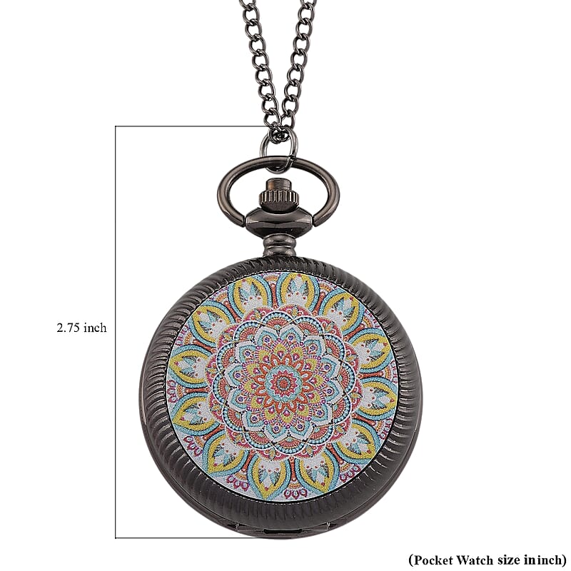 Ankur's Treasure Chest Deal Strada Japanese Movement Orange and Blue Flower Pattern Rotating Pocket Watch with Chain (36 Inches) in Black Silvertone