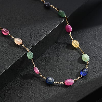 D'Joy Premium Multi Sapphire 55.00 ctw Necklace in 18K Vermeil Yellow Gold Over Sterling Silver 24 Inches