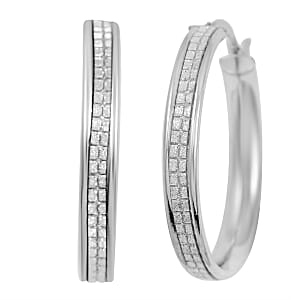 Grid Hoop Earrings in Rhodium Over Sterling Silver 3 Grams