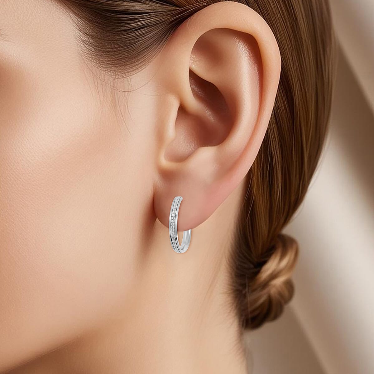 Grid Hoop Earrings in Rhodium Over Sterling Silver 3 Grams image number 2