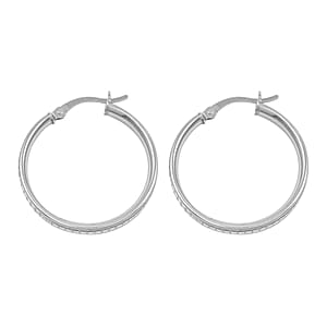 Grid Hoop Earrings in Rhodium Over Sterling Silver 3 Grams