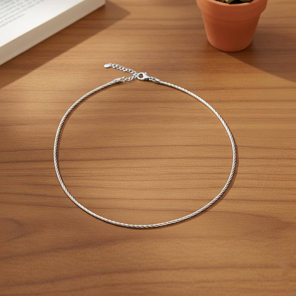 Italian Twisted Omega Chain Necklace in Rhodium Over Sterling Silver 18.6 Grams 17 Inches