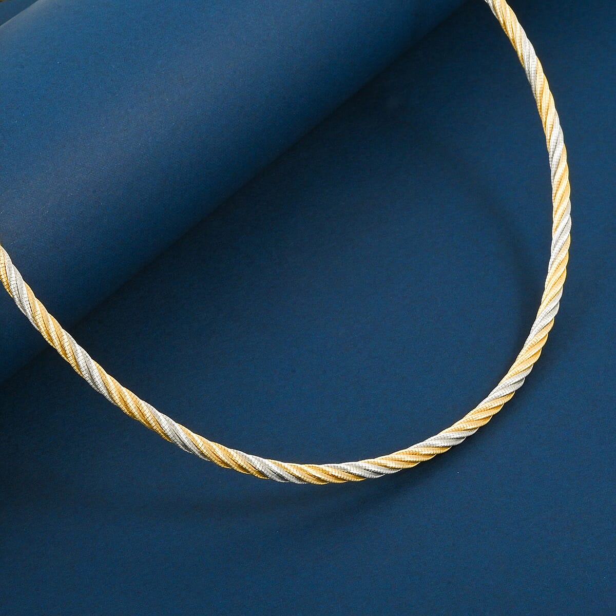 Doorbuster Italian Twisted Omega Chain Necklace in 14K YG and Rhodium Over Sterling Silver 19.25 Grams 17 Inches image number 1