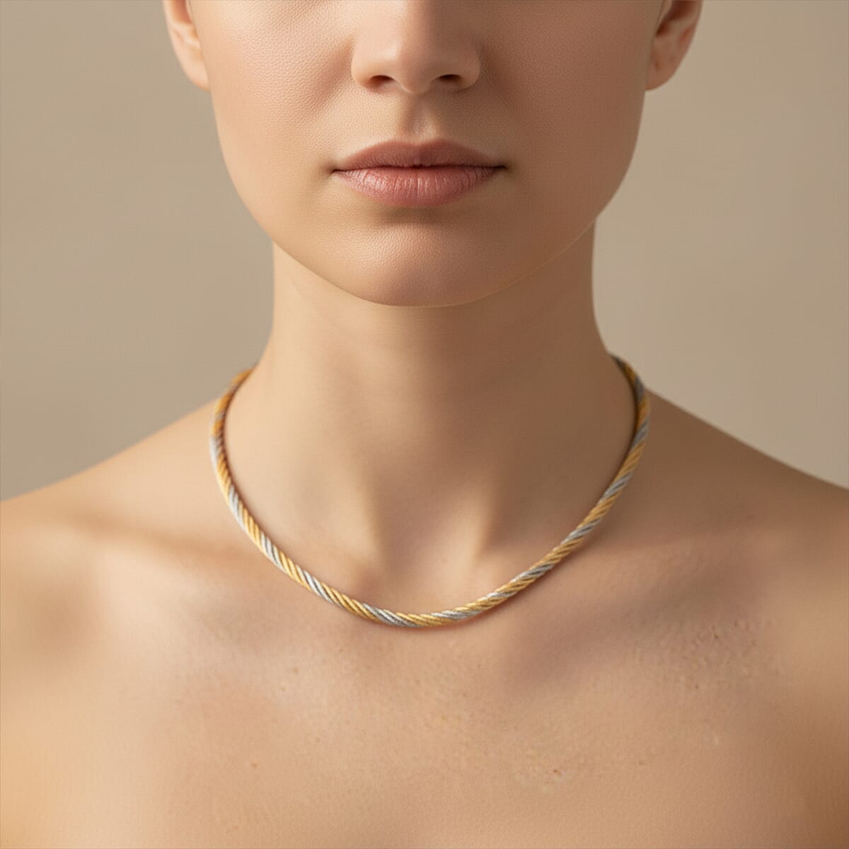 Doorbuster Italian Twisted Omega Chain Necklace in 14K YG and Rhodium Over Sterling Silver 19.25 Grams 17 Inches image number 2