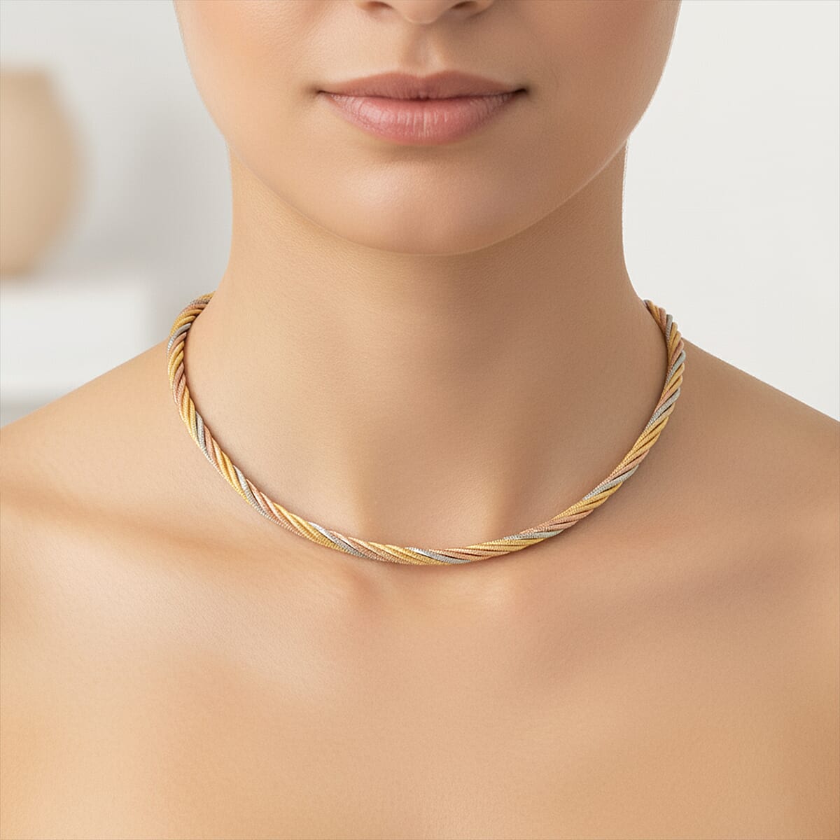  Italian Twisted Omega Chain Necklace in 14K YRG and Rhodium Over Sterling Silver 19.15 Grams 17 Inches image number 2