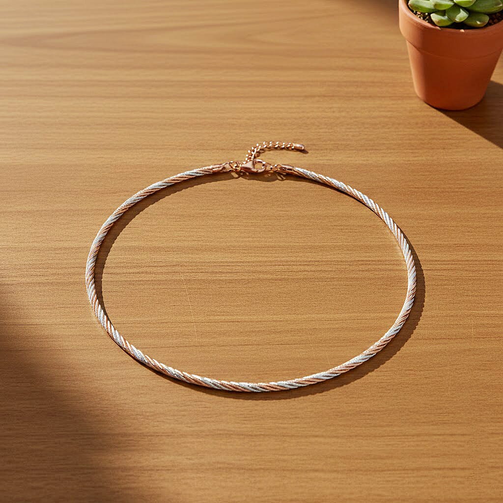 Italian Twisted Omega Chain Necklace in 14K RG and Rhodium Over Sterling Silver 19.07 Grams 17 Inches