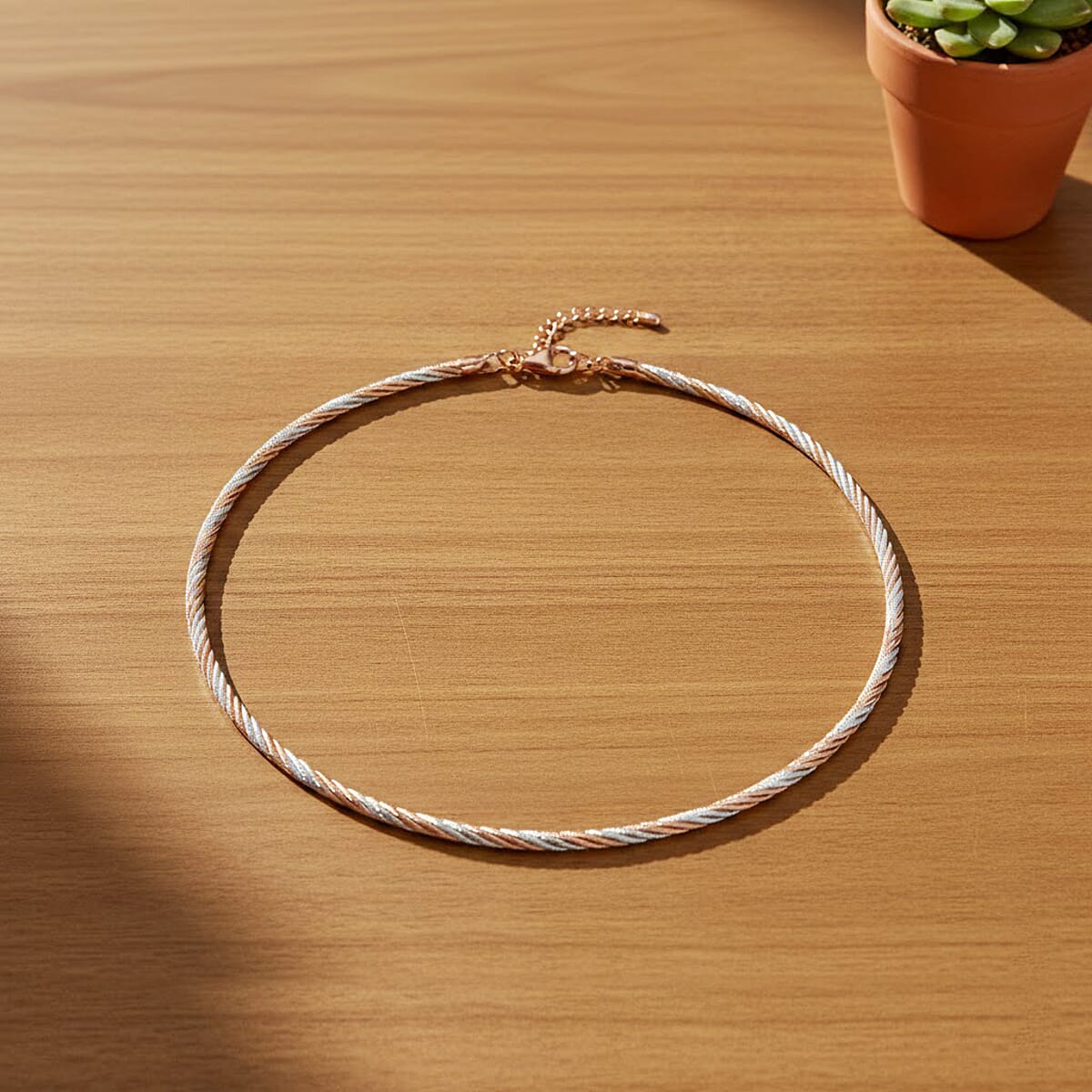  Italian Twisted Omega Chain Necklace in 14K RG and Rhodium Over Sterling Silver 19.07 Grams 17 Inches image number 1