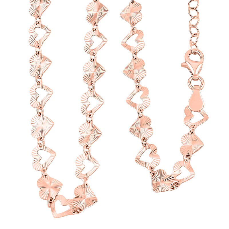 Italian Radiant Hearts Chain Necklace in 14K Rose Gold Over Sterling Silver 6.11 Grams 18 Inches