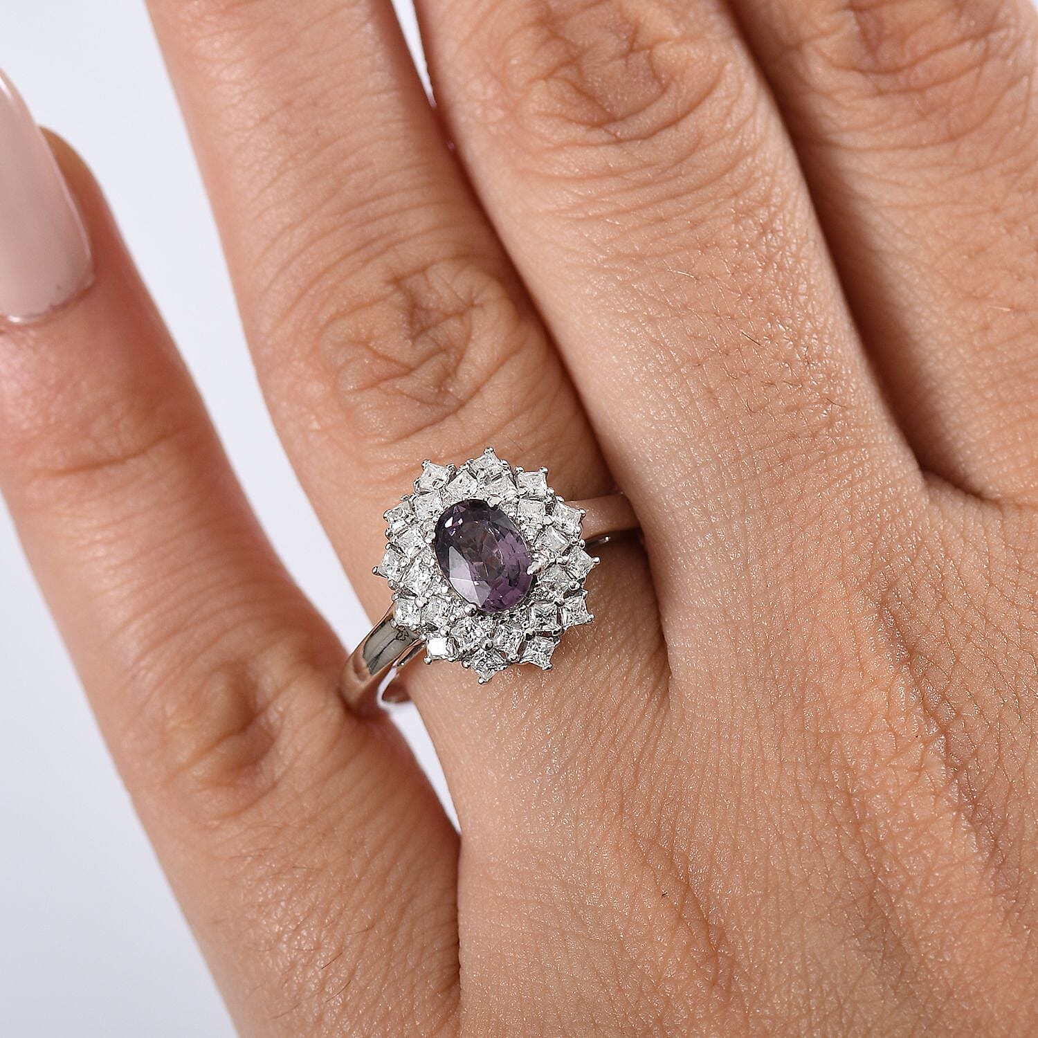 Joy Lavender Spinel, Moissanite Diamond Lace Ring in Rhodium Over Sterling Silver 1.50 ctw (Size 8.0)