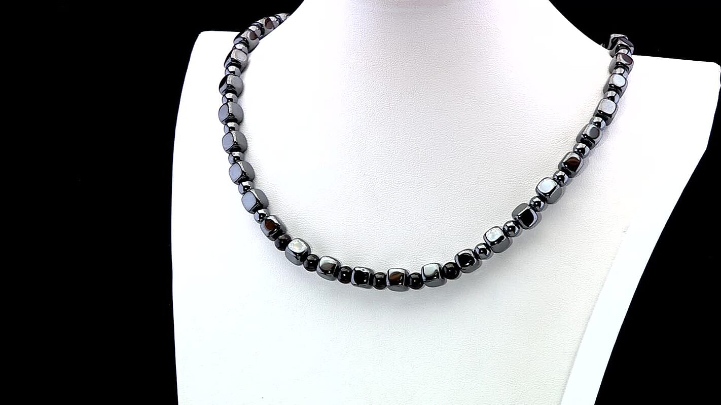 Shungite and Hematite 448.00 ctw Beaded Necklace in Silvertone 20 Inches