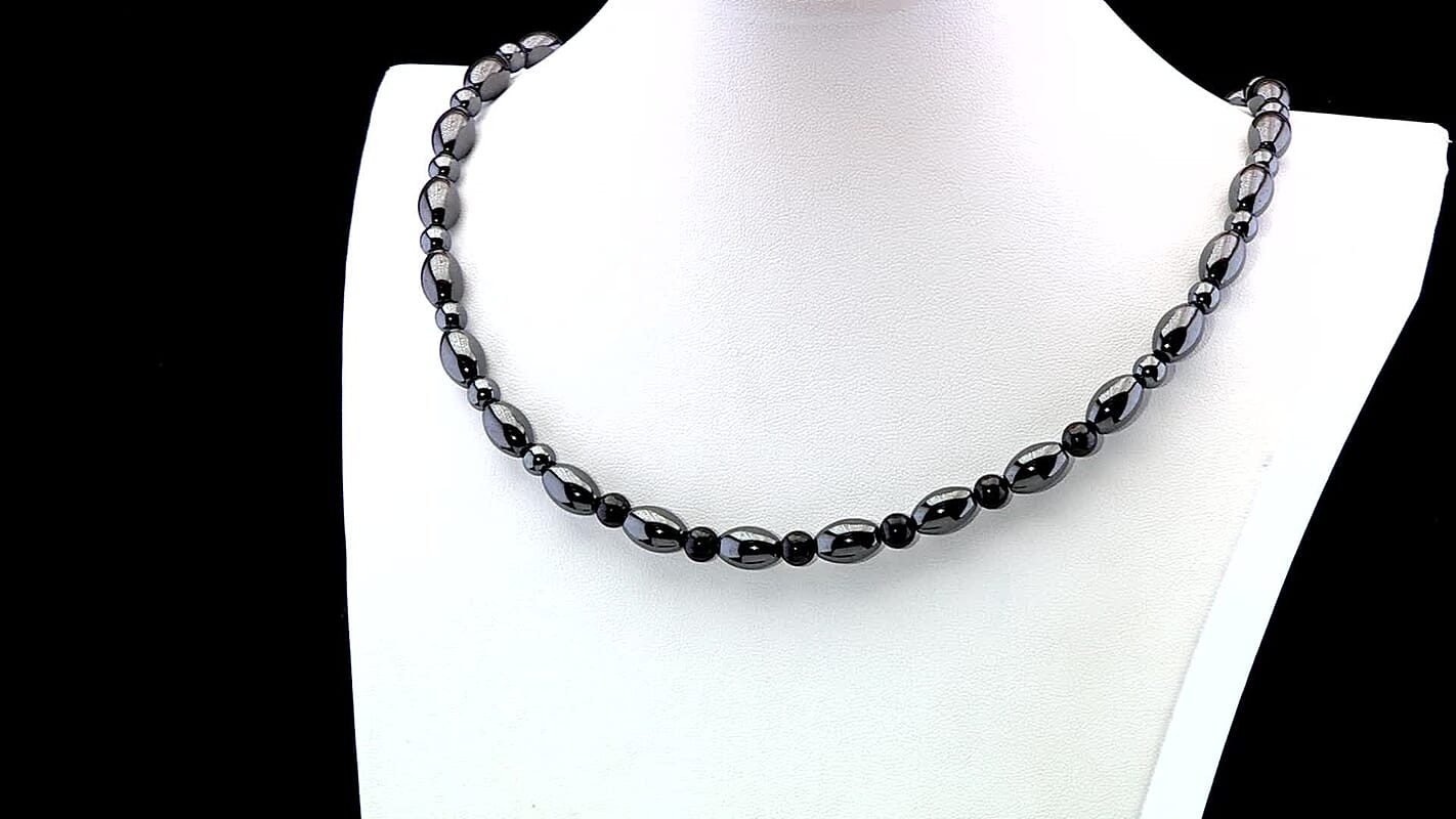 Shungite and Hematite 380.00 ctw Beaded Necklace in Silvertone 20 Inches