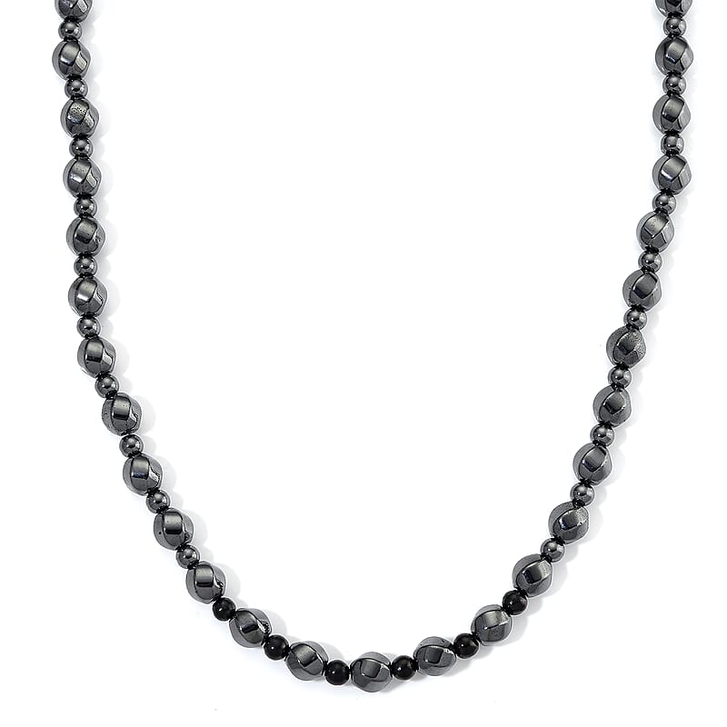 Shungite and Hematite 480.00 ctw Beaded Carved Necklace in Silvertone 20 Inches