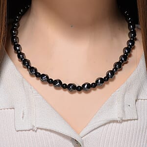 Shungite and Hematite 480.00 ctw Beaded Carved Necklace in Silvertone 20 Inches