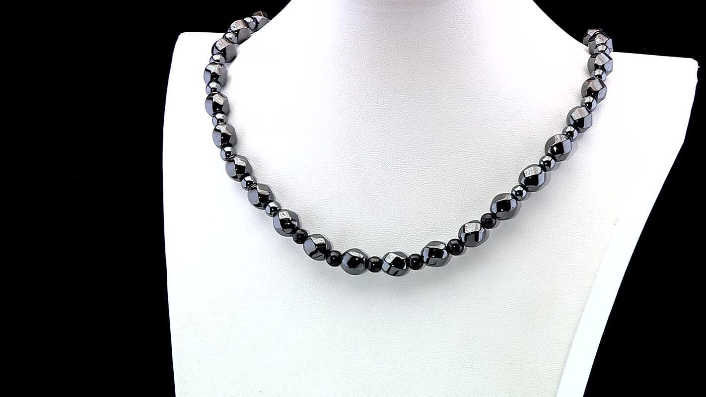 Shungite and Hematite 480.00 ctw Beaded Carved Necklace in Silvertone 20 Inches