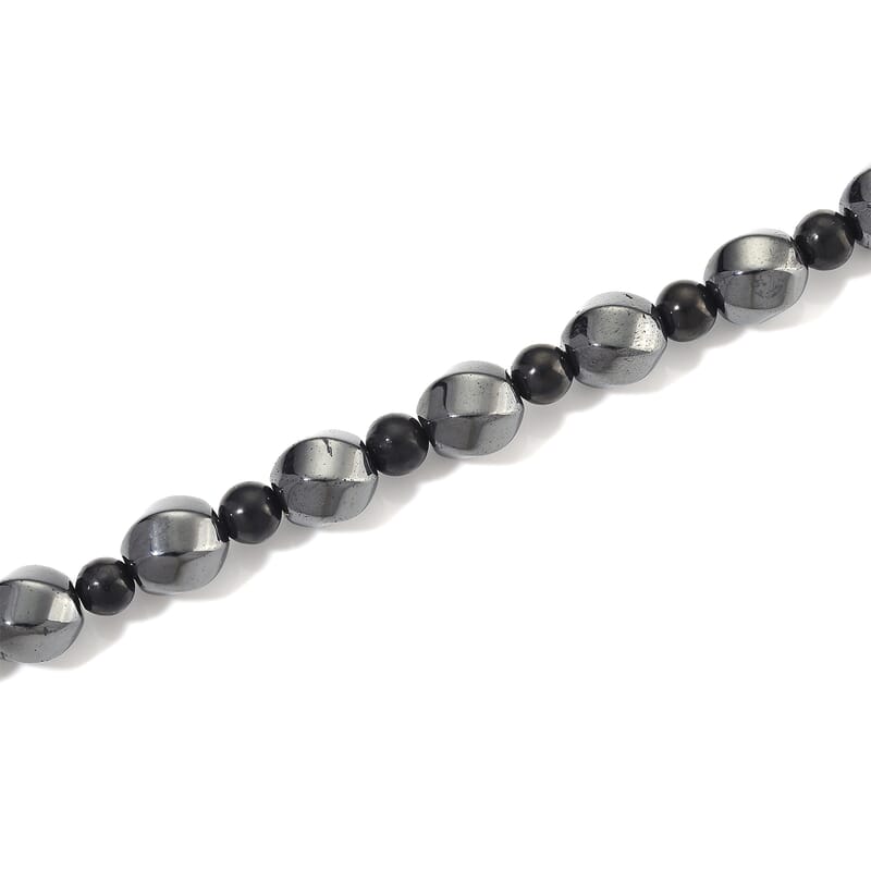 Shungite and Hematite 480.00 ctw Beaded Carved Necklace in Silvertone 20 Inches