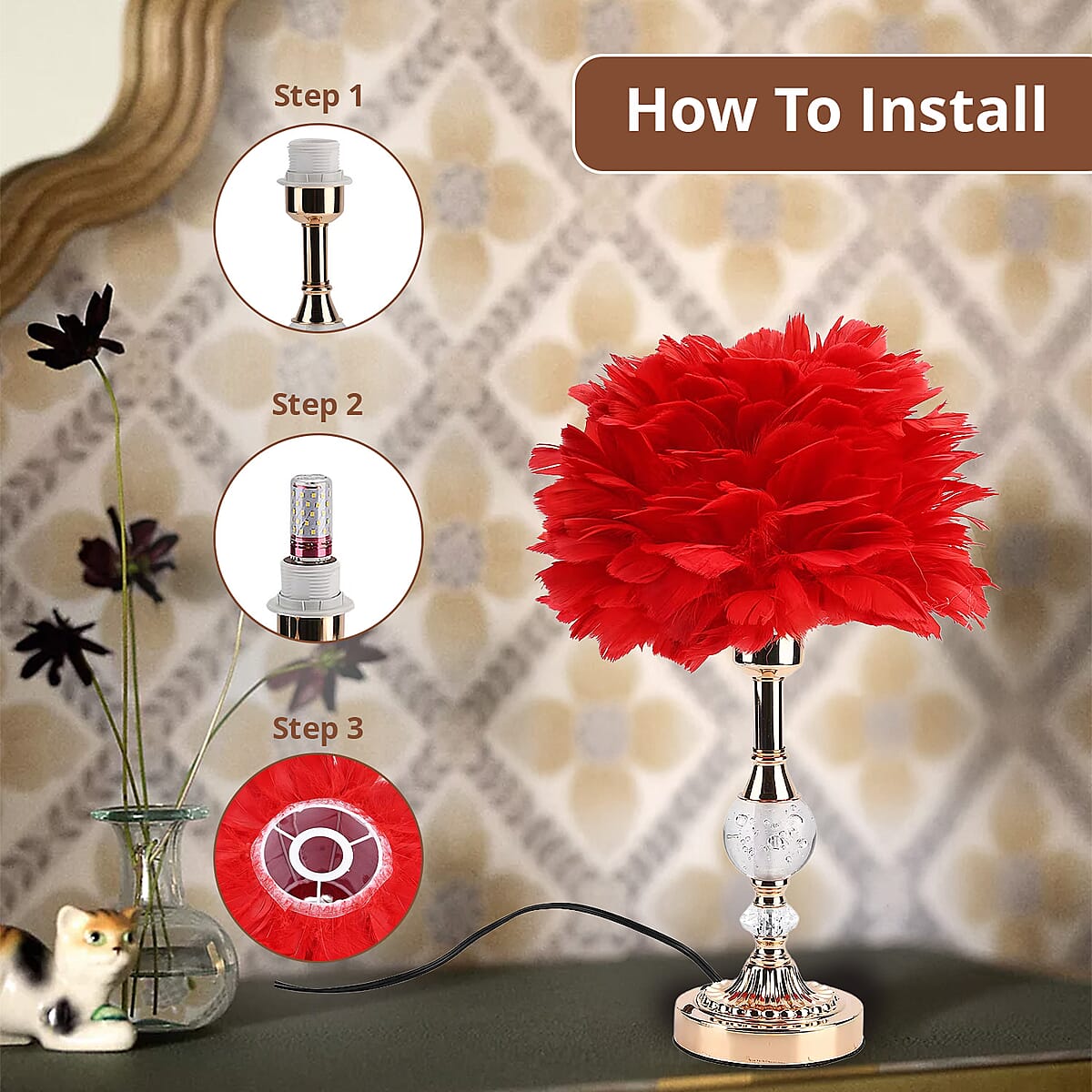 Livmore Red 6cm Ball Feather Table Lamp with Plug image number 2