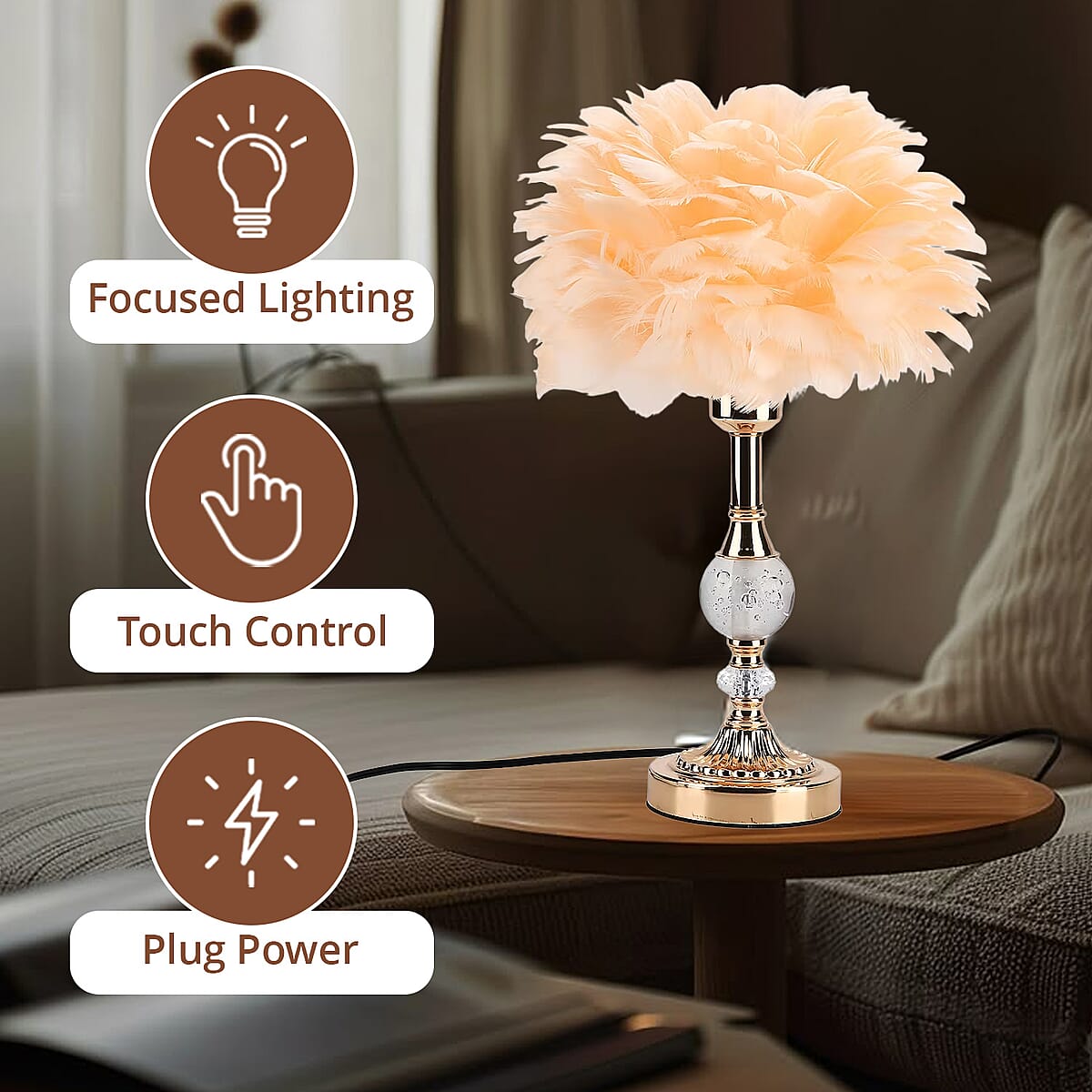 Livmore Peach 6cm Ball Feather Table Lamp with Plug image number 3