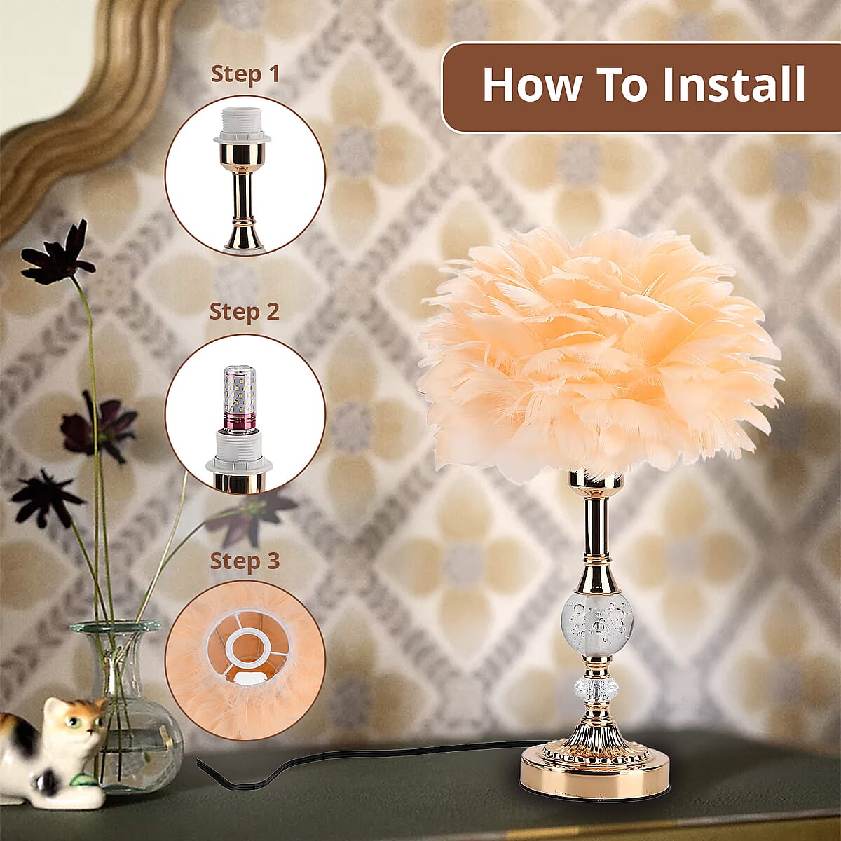Livmore Peach 6cm Ball Feather Table Lamp with Plug image number 5