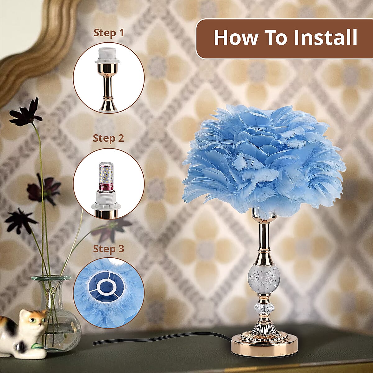 Livmore Blue 6cm Ball Feather Table Lamp with Plug image number 3