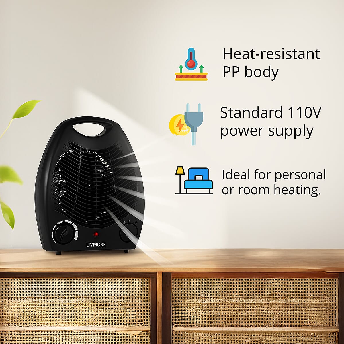 Livmore 110V Compact Fan Heater - Black image number 3