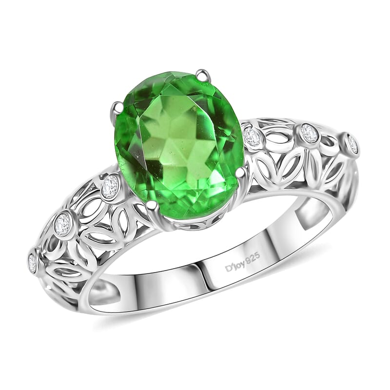 D'Joy Chartreuse Quartz (Triplet) and White Zircon 3.00 ctw Petal Whispers Ring in Platinum Over Sterling Silver (Size 10.0)