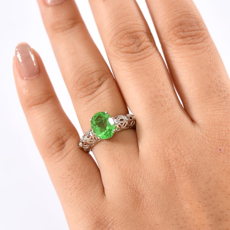 D'Joy Chartreuse Quartz (Triplet) and White Zircon 3.00 ctw Petal Whispers Ring in Platinum Over Sterling Silver (Size 10.0)