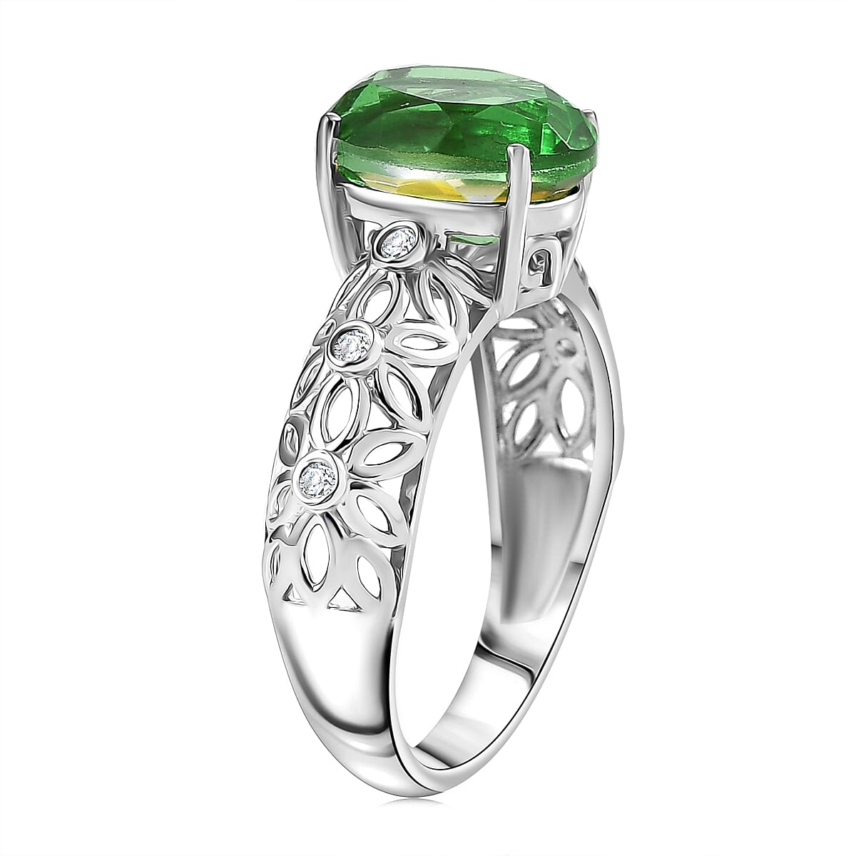 D'Joy Chartreuse Quartz (Triplet) and White Zircon 3.00 ctw Petal Whispers Ring in Platinum Over Sterling Silver (Size 6.0) image number 3