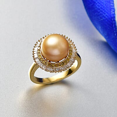 D'Joy South Sea Golden Cultured Pearl, Yellow and White Diamond 0.50 ctw Sunrays Ring in 18K Vermeil Yellow Gold Over Sterling Silver (Size 6.0)