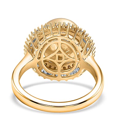 D'Joy South Sea Golden Cultured Pearl, Yellow and White Diamond 0.50 ctw Sunrays Ring in 18K Vermeil Yellow Gold Over Sterling Silver (Size 6.0)