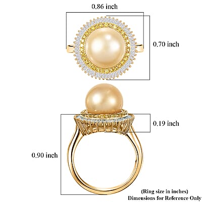 D'Joy South Sea Golden Cultured Pearl, Yellow and White Diamond 0.50 ctw Sunrays Ring in 18K Vermeil Yellow Gold Over Sterling Silver (Size 6.0)