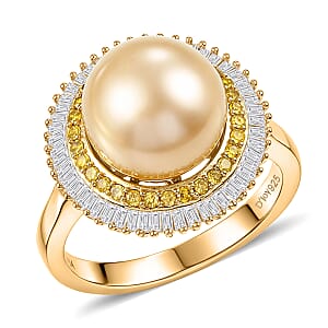 D'Joy South Sea Golden Cultured Pearl, Yellow and White Diamond 0.50 ctw Sunrays Ring in 18K Vermeil Yellow Gold Over Sterling Silver (Size 7.0)