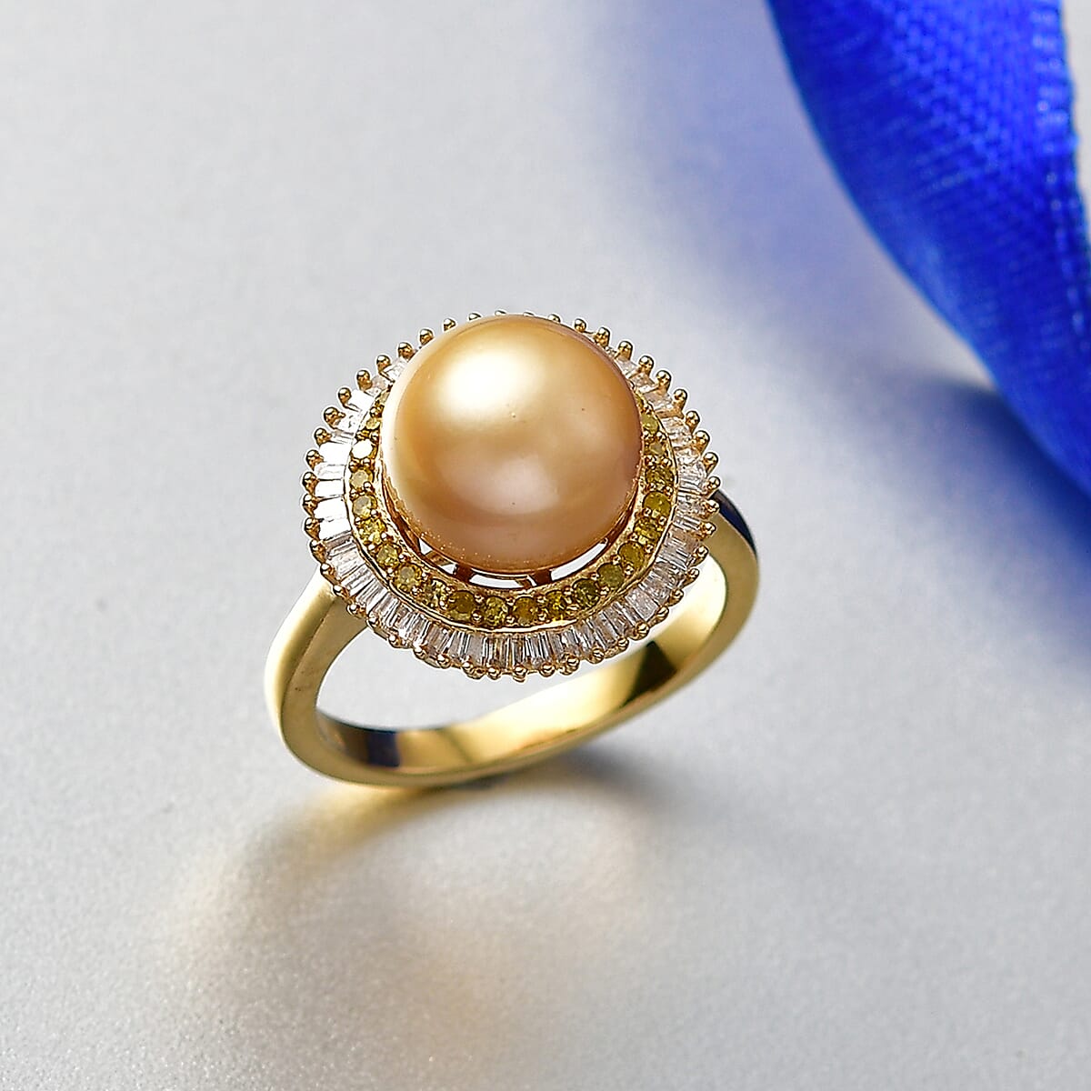 D'Joy South Sea Golden Cultured Pearl, Yellow and White Diamond 0.50 ctw Sunrays Ring in 18K Vermeil Yellow Gold Over Sterling Silver (Size 7.0) image number 1